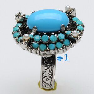 3 Faux Faux Turquoise Silver Tone Vintage Rings - Adjustable